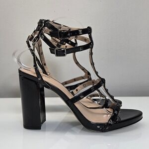 Mix No 6 Rock Stud Ankle Strap Caged Sandals 9M Black Patent Block Heel Prom